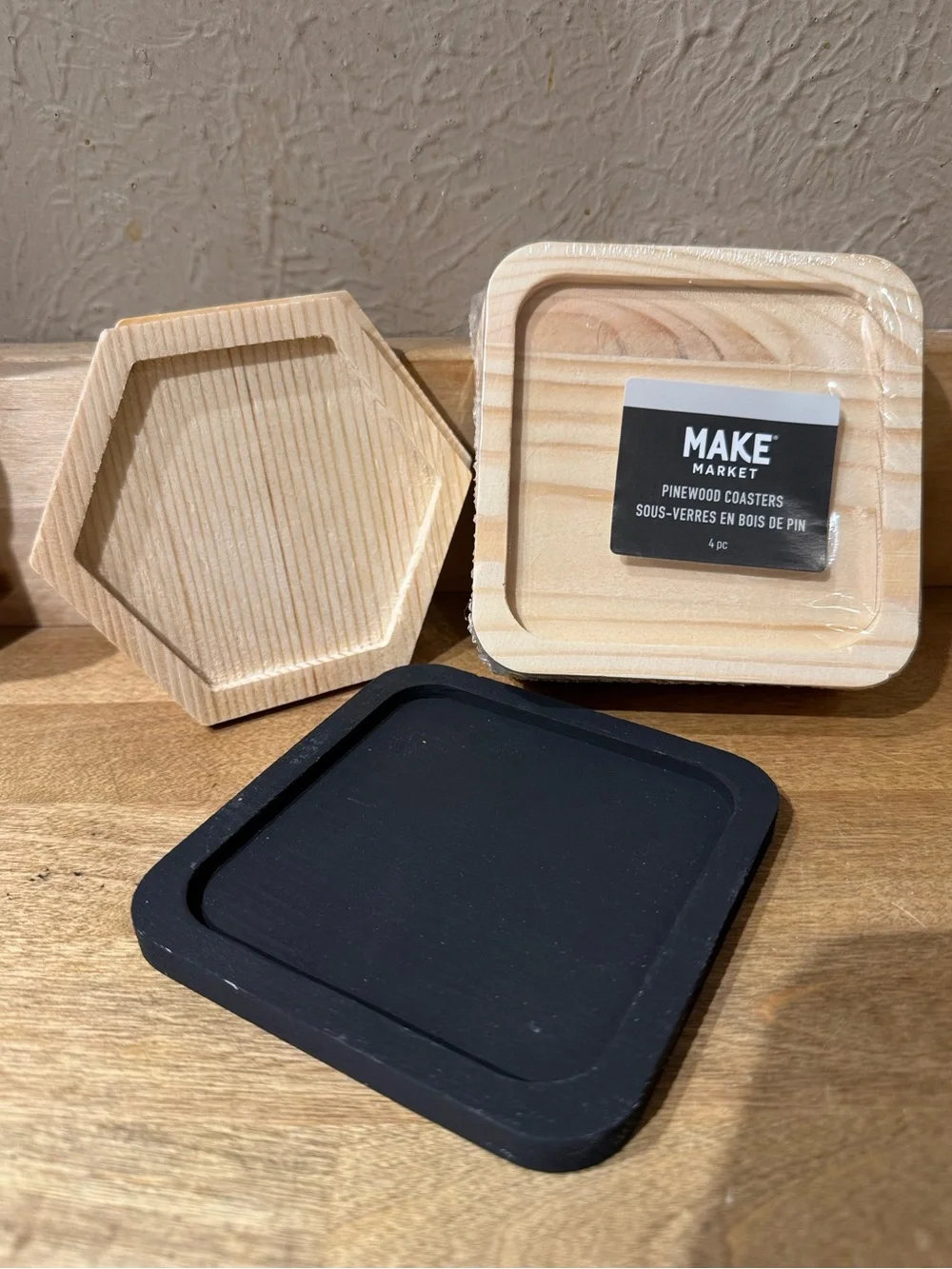 Set of 7- Mixed shape pinewood coasters